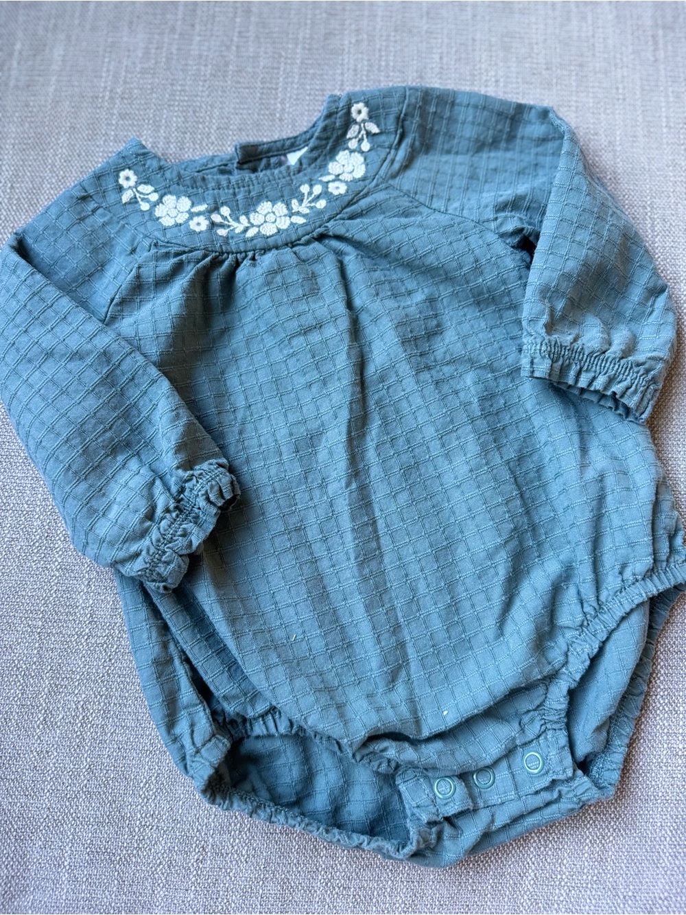 Carter's Teal Blue Floral Embroidered Long-Sleeve One-Piece